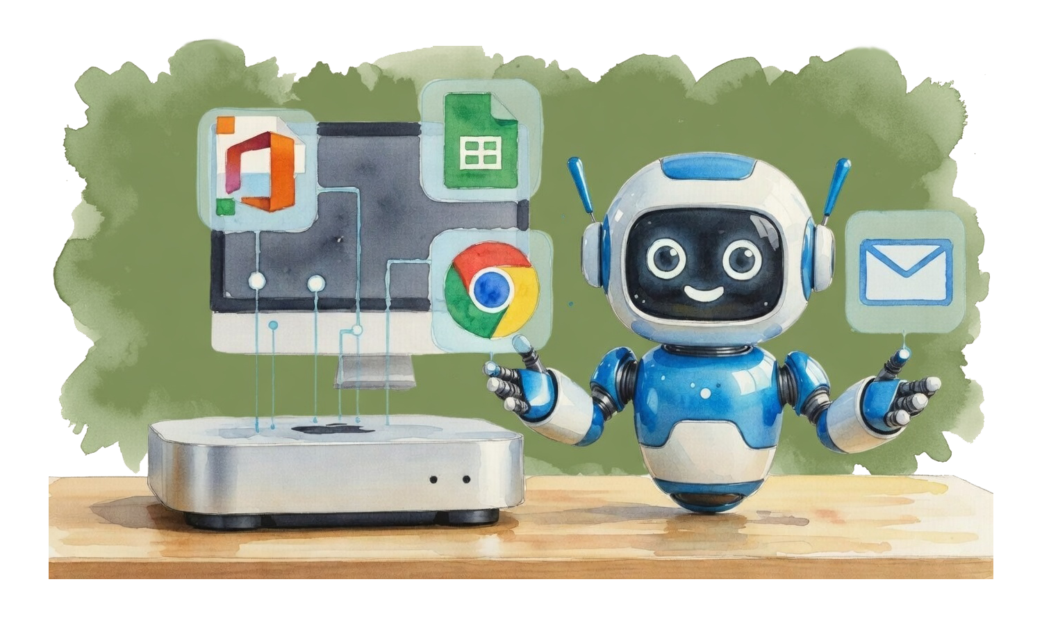 A friendly AI robot assistant managing emails, calendars, and documents